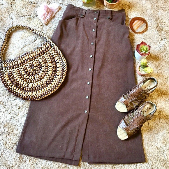 Vintage Dresses & Skirts - {Vintage} Dark Brown Suede Button Front Maxi Skirt